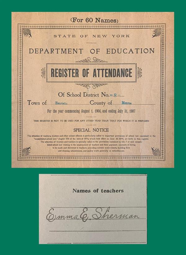 The cover of an old school register and Emma Sherman's signature